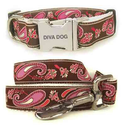 Diva Dog Pink and Chocolate Bohemian Paisley dog collar and lead